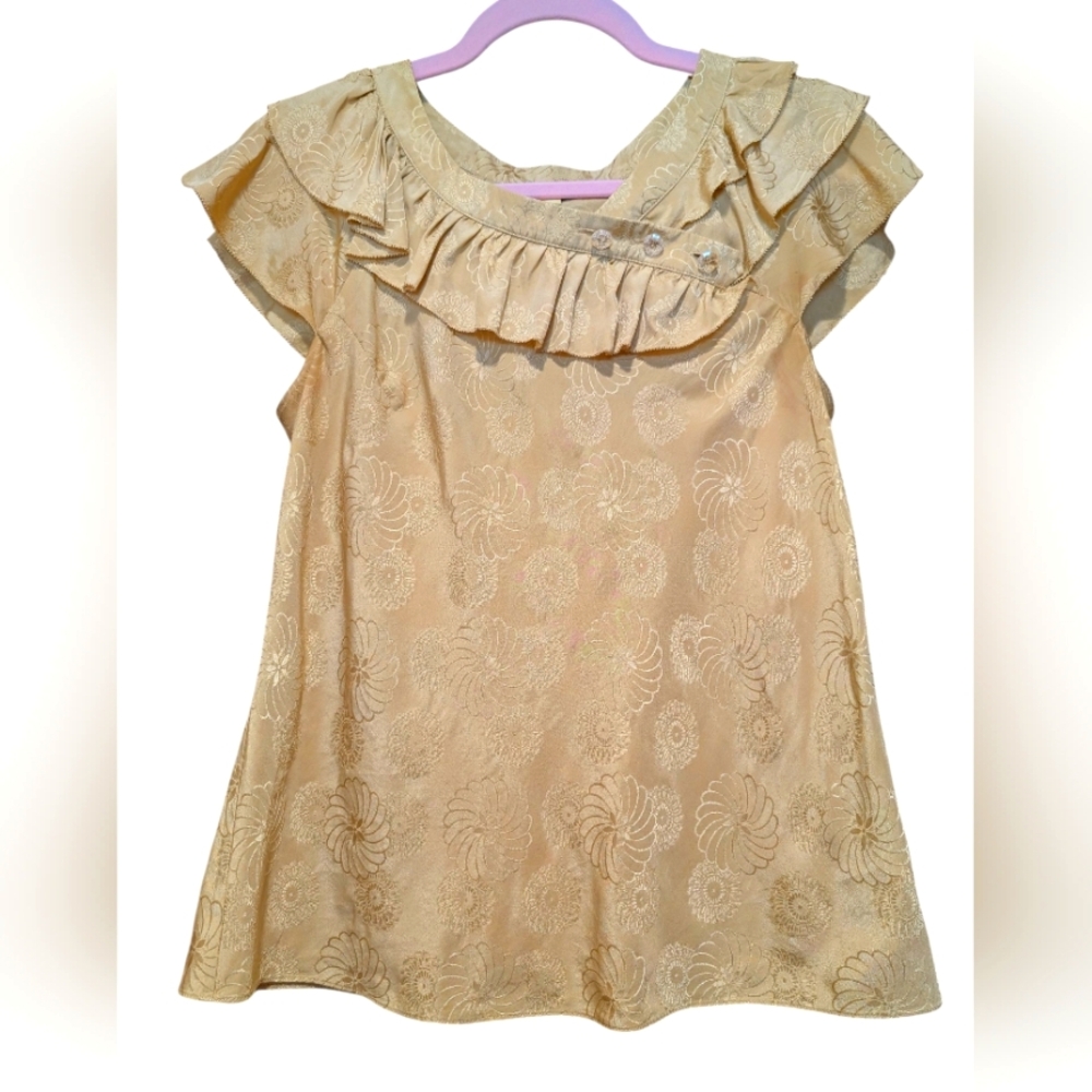 Anthropologie Leifsdottir 100%silk Gold Flutter Sleeve Floral Detailing Blouse 6